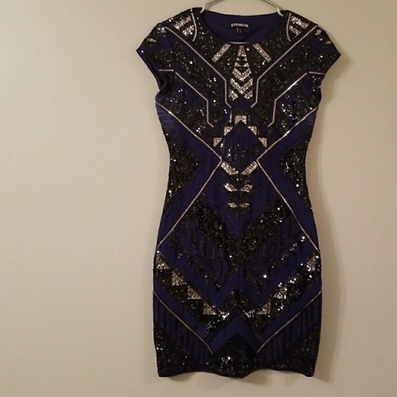 Nwt Express Total Sequin Black & Navy Dress Small - Picture 2 of 8